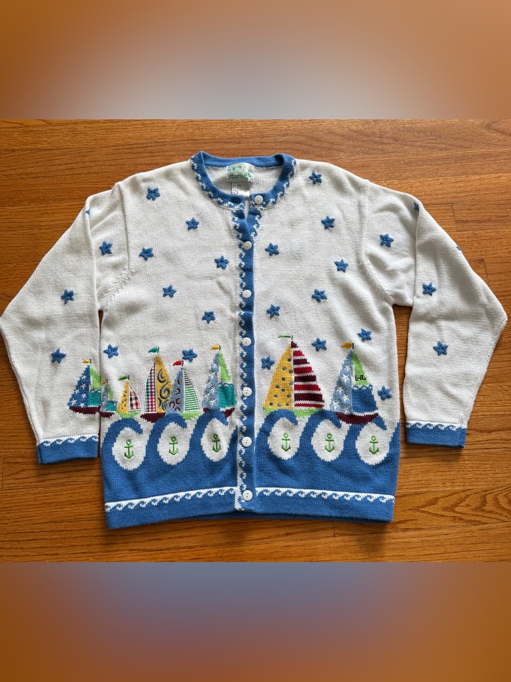 Vintage Quacker Factory Nautical Sailboat Cardigan Sweater Blue White Stars Knit